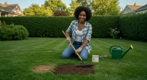 Woman inspecting a patchy lawn — common lawn problems and solutions.